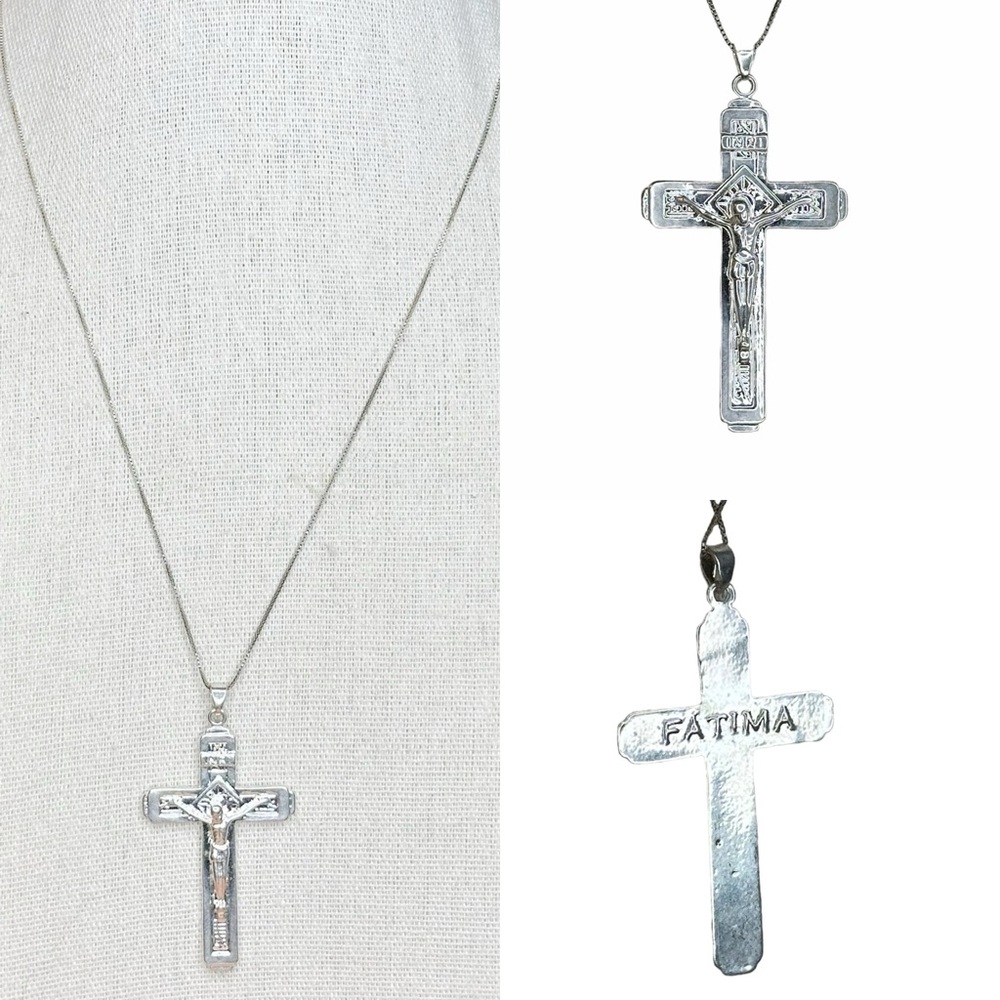 Vintage Fatima Crucifix 925 Sterling Silver Cross INRI Pendant Necklace